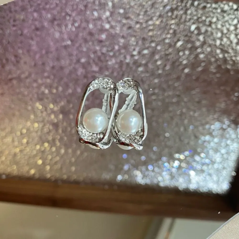 Square Frame CZ Pearl Silver Earrings Studs